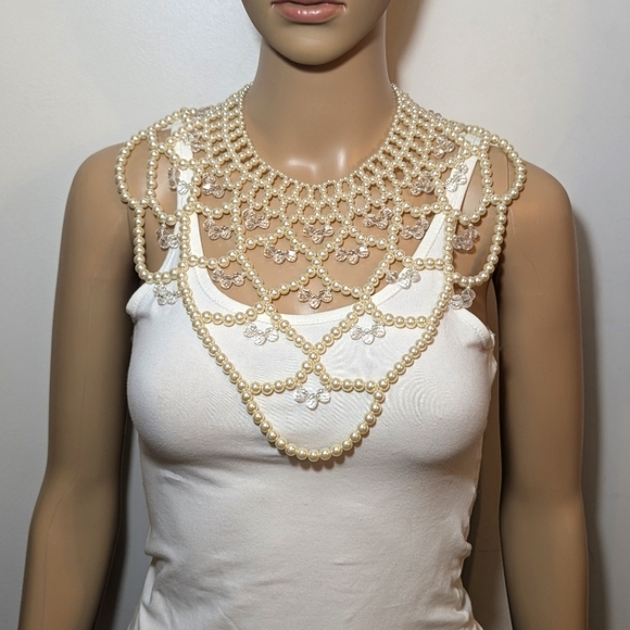 Faux Pearl & Crystal Beaded Weave Bib Necklace - Picture 2 of 8